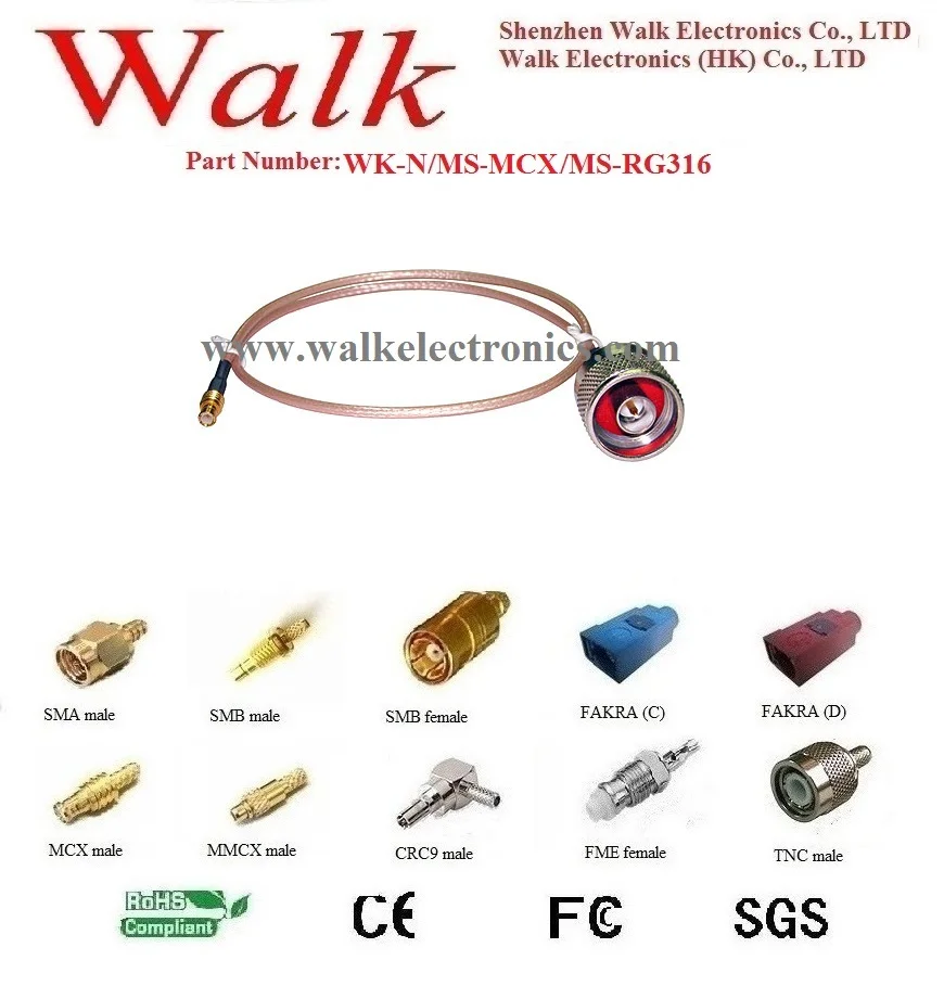 RF cable assembly / Jumper cable / Pigtails: mcx male straight to n male straight with RG316 cable