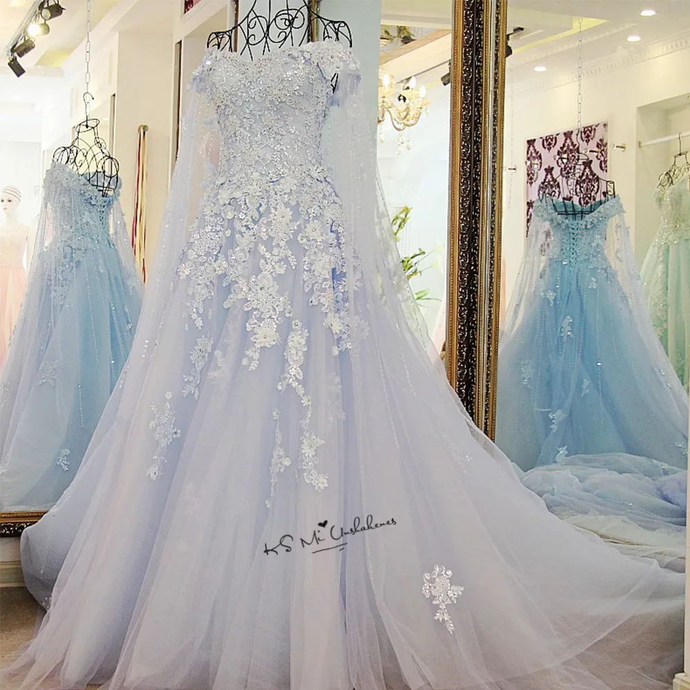 Baby Blue Boho Wedding Dresses 2018 Lace Robe de Mariage Luxury Wedding Gowns Sparky Princess Ball Gown Bride Dress Beads Boda