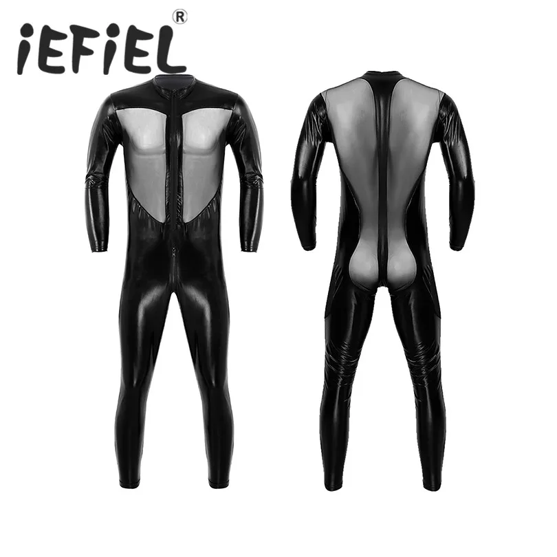 

Unisex Mens Women Wet Look PVC Leather Long Sleeves Zipper Front Mesh Splice Full Body Bodysuit Leotard Sexy Costume Clothes