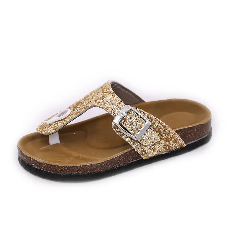 New Kids Slippers Summer Beach Children Cork Sandals Bling Sequins for Family Shoes Leopard Barefoot Flats Girls Slipper