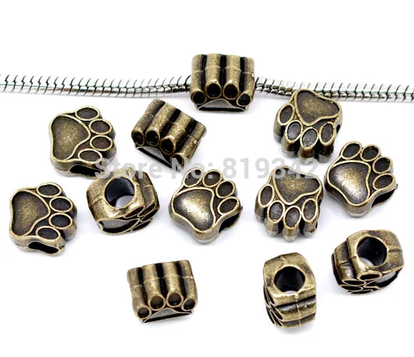 Free Shipping 20pcs Antique Bronze Tone Bear' Paw Charm Big Hole Beads Fit European Charm Bracelet 11x11mm J0434