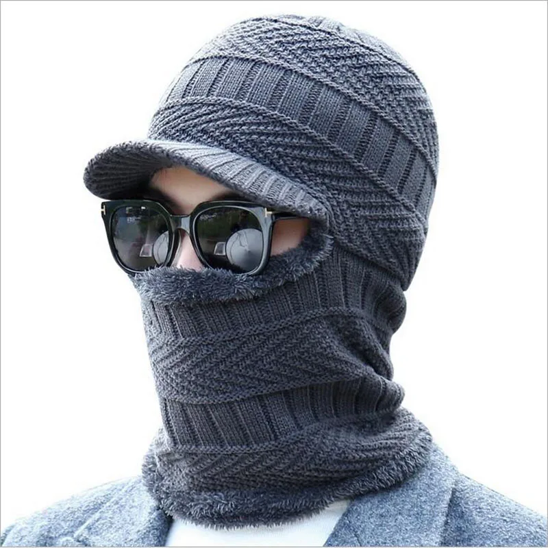 New Balaclava Winter Women Men\'s Skullies Wool Knitted Balaclava Cap Ninja Mask Thermal Plush Pocket Hat Unisex Snow Cap