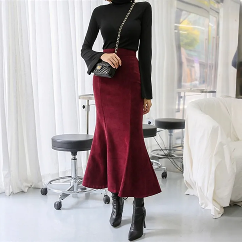 

Free Shipping 2021 Fashion Long Maxi Skirt Women XS-2XL Mermaid Style Suede Ladies Black And Red High Waist Autumn Winter Skirts