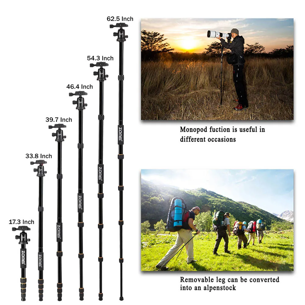 Zomei Q666 Professional Tripod For DSLR Camera Ball Head Tripod Monopod Compact Travel Camera Tripod for Canon Nikon Sony SLR