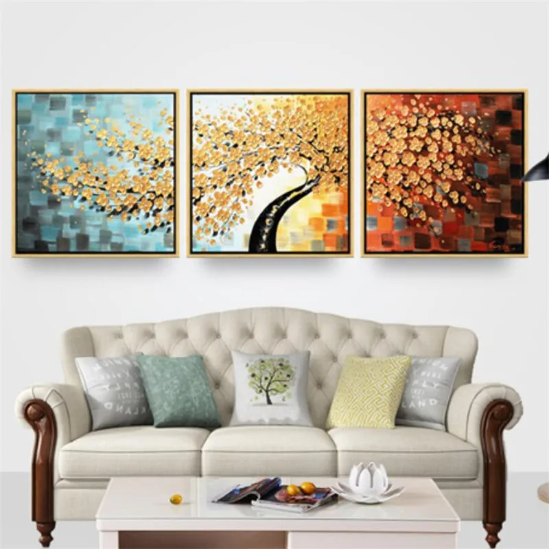 

hand painted gold tree modular painting golden leaf oil painting on canvas thick textured landscape wall art Triptych picture