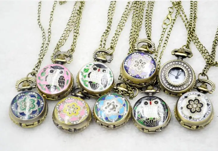 Wholesale 10 PCS Mix owl quartz pendant children woman and men More color pokcet watches gift LP58