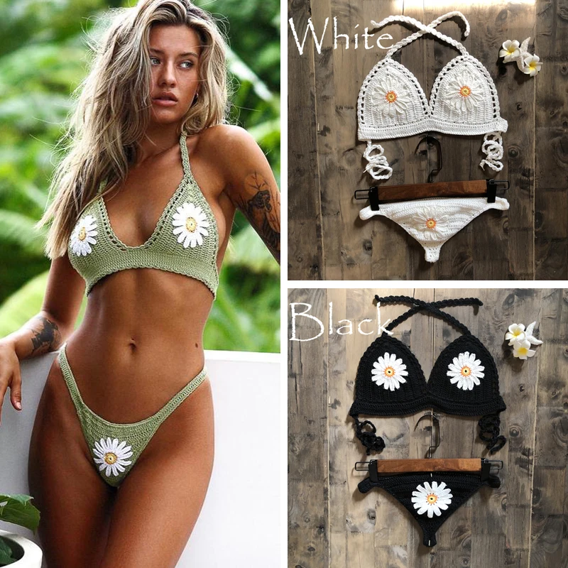 

2019 New Fashion Beach Bikini Set Knitting Swimsuit Crochet Bohemia Style Off Shoulder Bathing Handmade Sexy Bikini