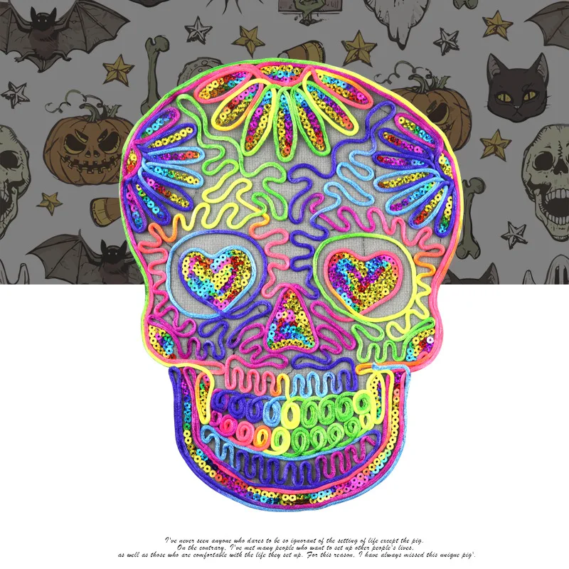 Large Skull Sequin Patch Sew on Sticker for Clothes DIY Biker Applique Clothing Stickers Repair Jacket Patches for Backpacks