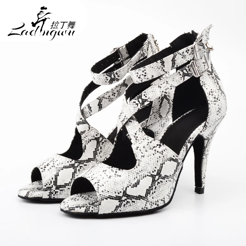 Ladingwu New White Snake texture PU Dancing Shoes For Women Latin Dance Shoes Women's Salsa sapato feminino salto alto