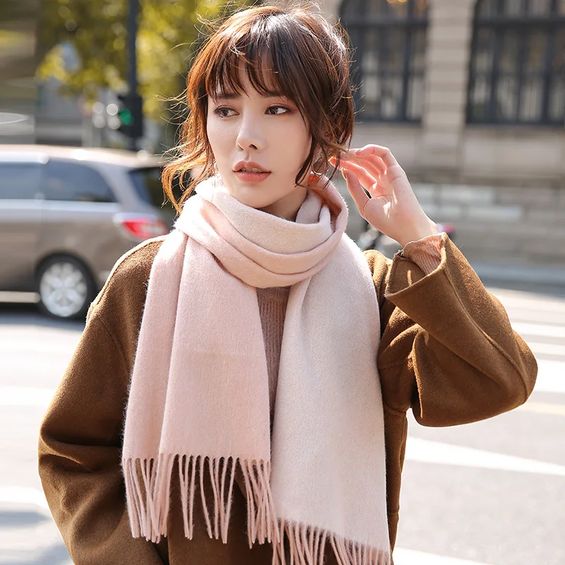 100% Wool Scarves Women Winter Warm Neck Scarf Real Wool Pashmina 2022 Luxury Double-sided Color Shawls Wraps Cashmere Scarf