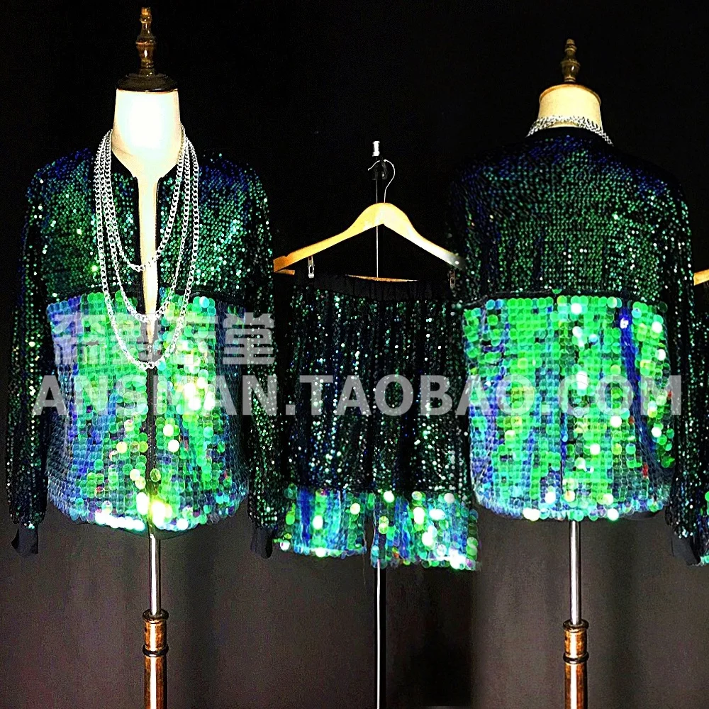 New Super Cool Male Green Sequins Jacket shorts Costumes Jazz Hip-hop Baseball Uniform set Stage show performance wear