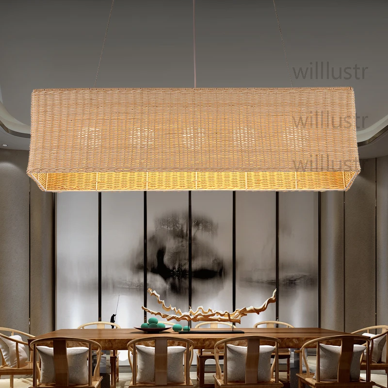 Willlustr rectangle handmade wicker pendant lamp dinning living room suspension light hotel hall restaurant bar hanging lighting