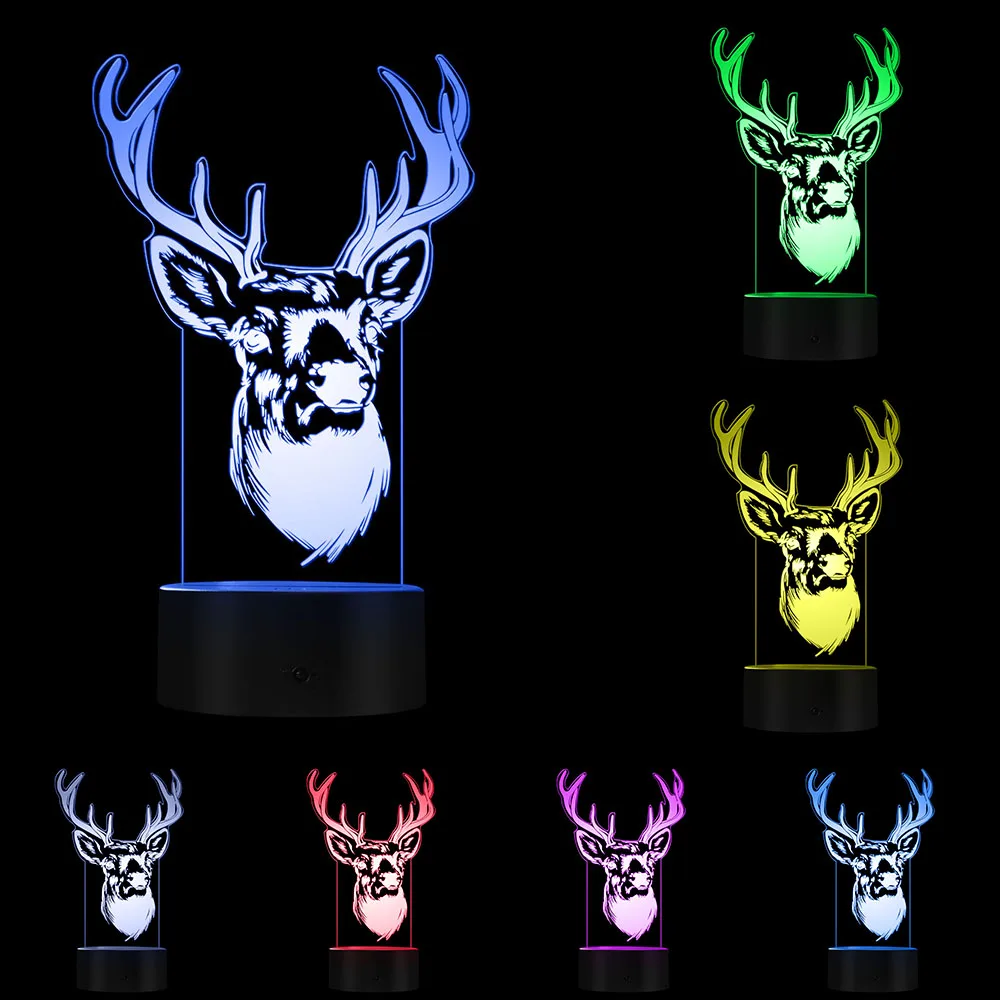 หัวกวางกวางกวางกวาง 3D Optical ILLUSION Light Woodland Deer Buck สัตว์ป่า LED Creative Night Light ตกแต่งโคมไฟ