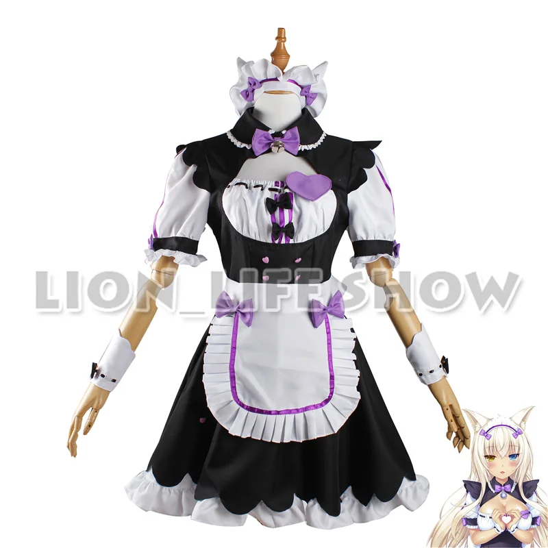 Biamoxer Womens NEKOPARA Chocola Vanille Maid Cosplay Kostuum Sexy Leuke Jurk Volledige Set