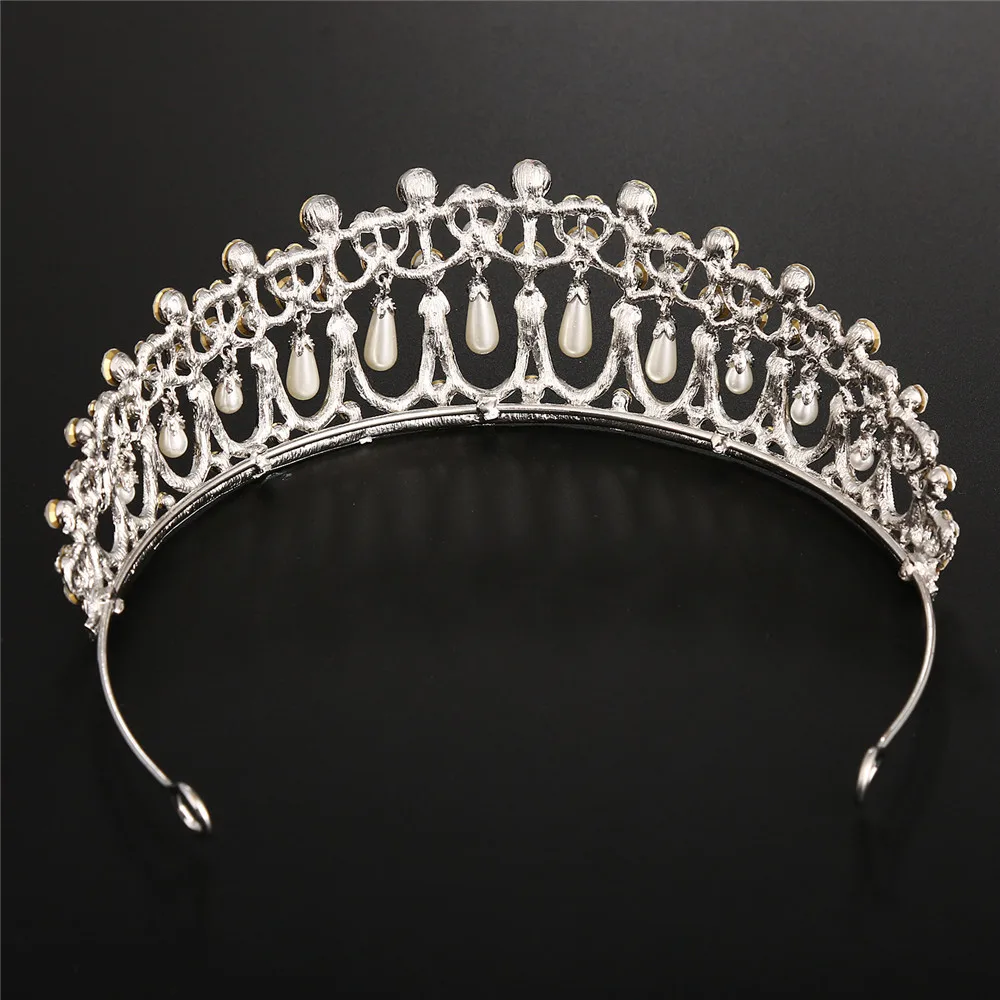 Vintage Silver Color Queen Princess Diana Crown Crystal Pearls Diadem For Bridal Hair Accessories Bride Headbands Tiara De Noiva