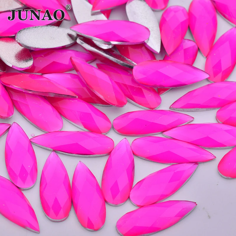 JUNAO 8*22mm 100Pcs Neon Yellow Drop Rhinestone Applique Flatback Large Resin Stones Non Sew Crystal Strass Stickers for Crafts