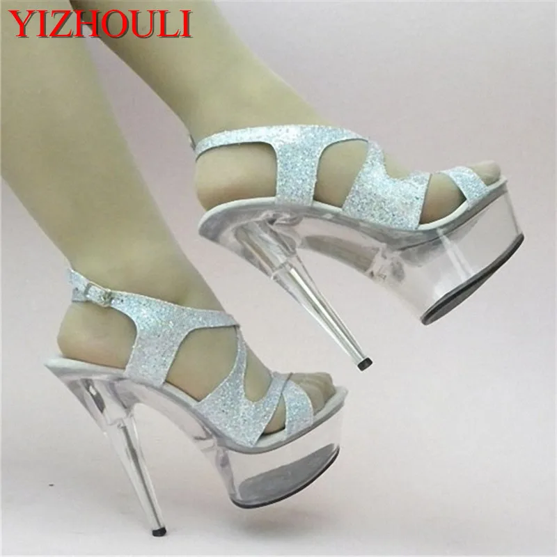 

15cm Colorful Sexy High-Heeled Shoes Crystal Sandals Shoes 6 Inch Stiletto High Heels Clear Platforms Silver Glitter Sexy Shoes