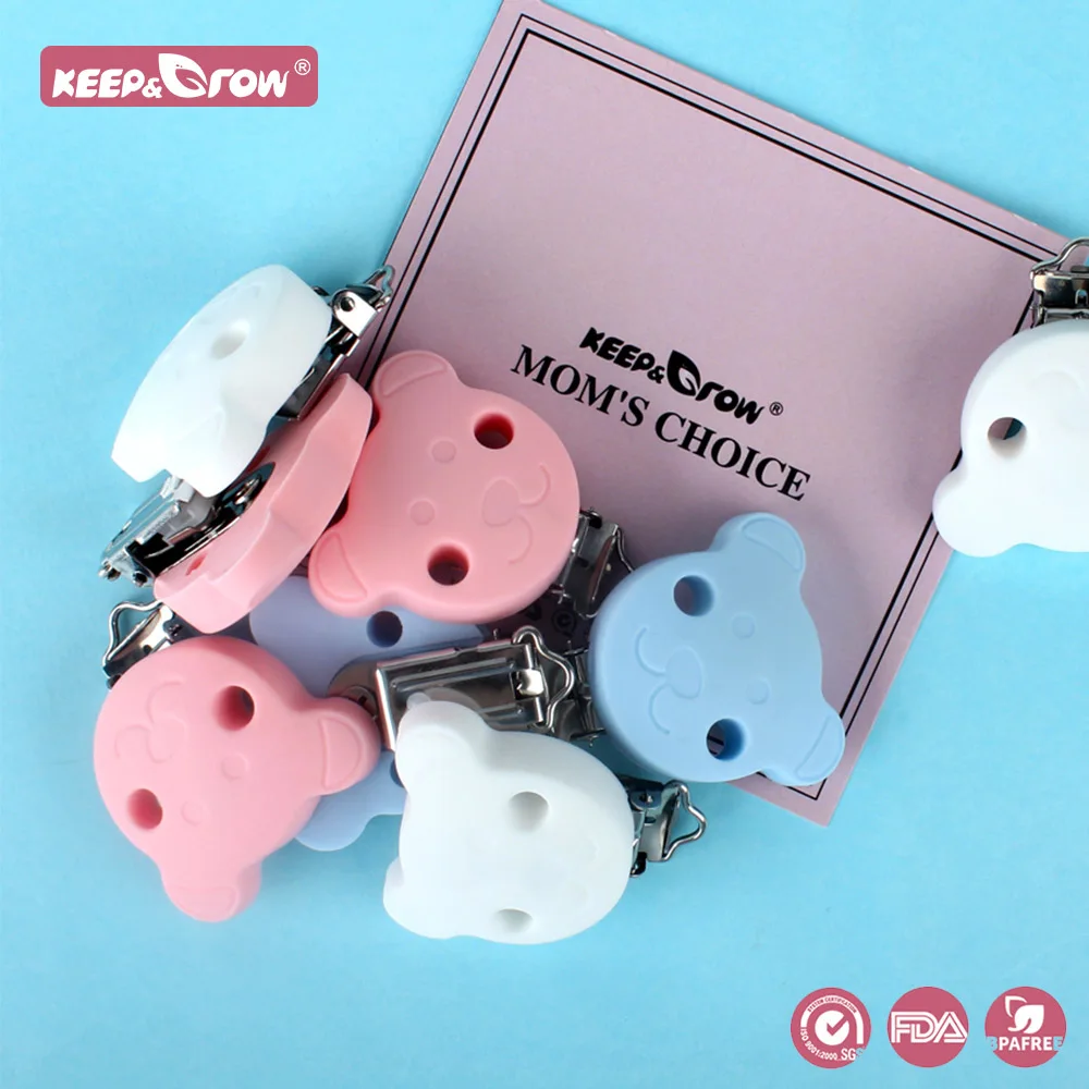 Keep&Grow BPA Free 3Pcs Bear Silicone Pacifier Clips Food Grade Baby Teether Chewable Silicone Beads Baby Teething Nipple Holder