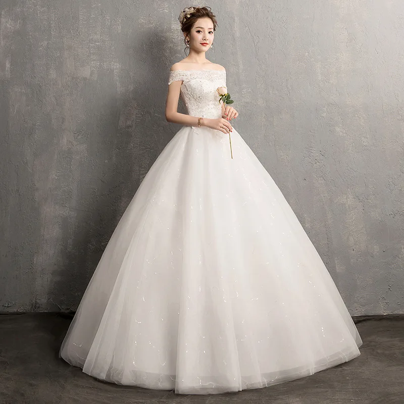 HMHS-47#Boat Neck Bride's wedding dress Ball Gown lace up long wholesale cheap women clothing party prom marry dresses White