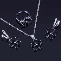 Splendid Flower Black Cubic Zirconia Silver Plated Jewelry Sets Earrings Pendant Chain Ring V0255