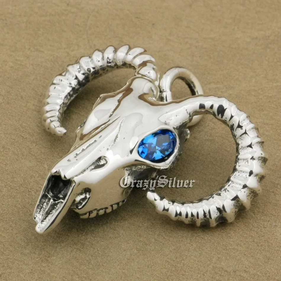 

925 Sterling Silver CZ Eyes Argali Skull Pendant Mens Biker Rock Punk Pendant 9S108