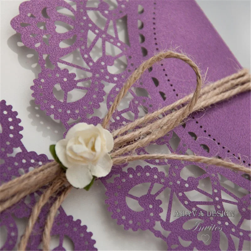 Rustic Purple Laser Cut Invitation With Twine And Flower