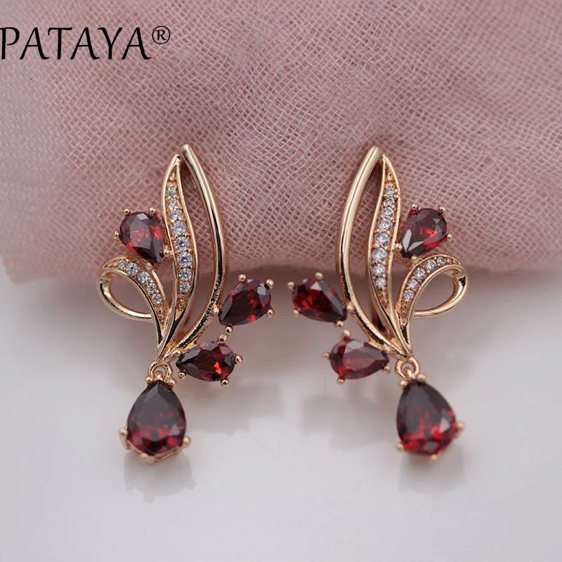 PATAYA New Arrivals Pomegranate Red Water Drop Natural Zirconia Dangle Earrings Women 585 Rose Gold Color Wedding Trendy Jewelry