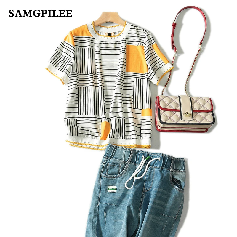 

Kpop Promotion Tumblr 2020 New Summer Casual Chiffon Sleeve Appliques Striped O-neck Women T-shirts L-3xl