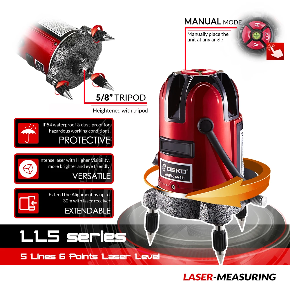 DEKO LL57/LL58 RED 5 Lines 6 Points Vertical&Horizontal Laser Lines Self-leveling Laser Level 360 Degrees Indoor/Outdoor Mode