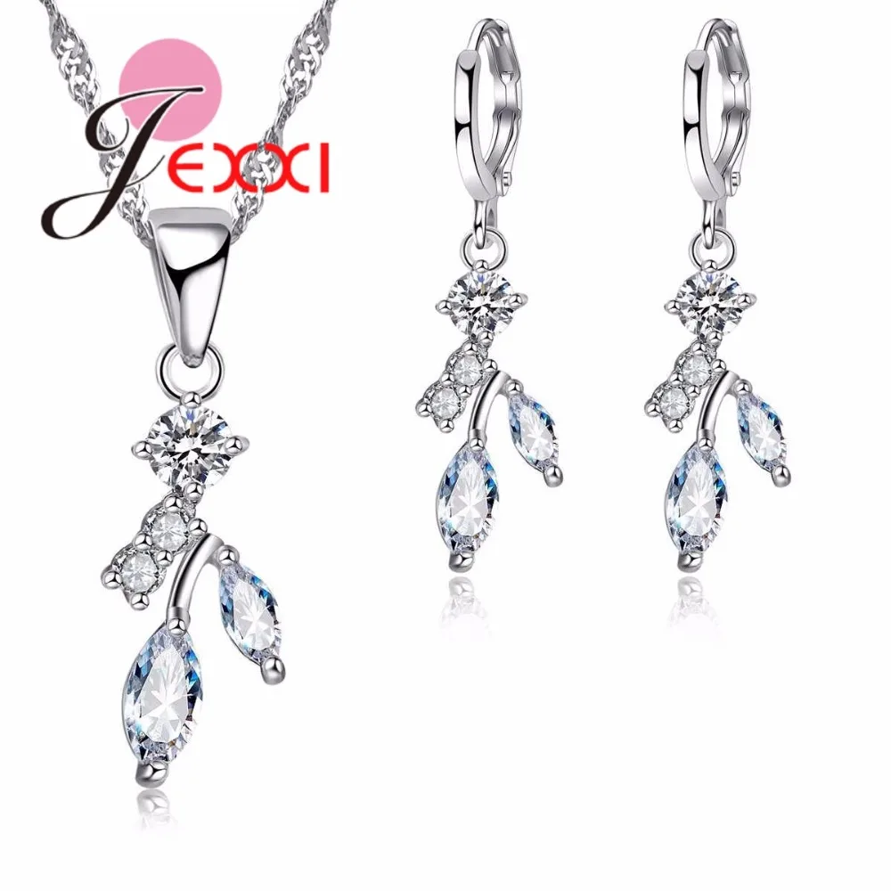 Novel Branch Shape Zircon Pendant Necklace Earrings Set Trendy 925 Sterling Silver Jewelry Sets for Women Wedding Party Gift