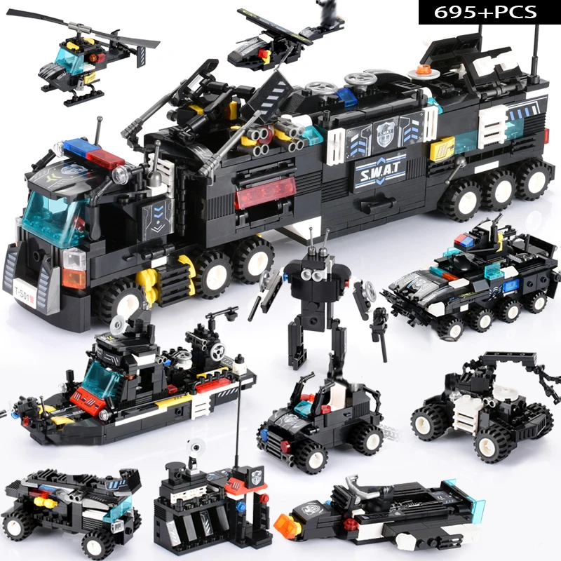 695+PCS City Police Station Construction Building Blocks  8 IN 1 SWAT Truck Blocks Educational Toys For Children Kids Gift