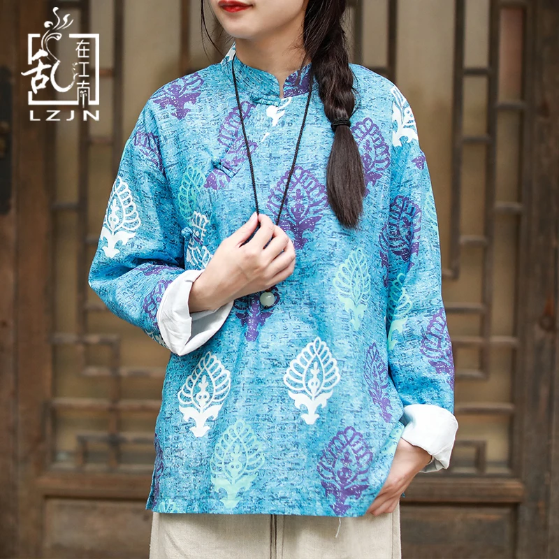 LZJN Blue Floral Autumn Blouse Vintage Shirt Traditional Chinese Cheongsam Tops for Women Clothing Long Sleeve Qipao Top