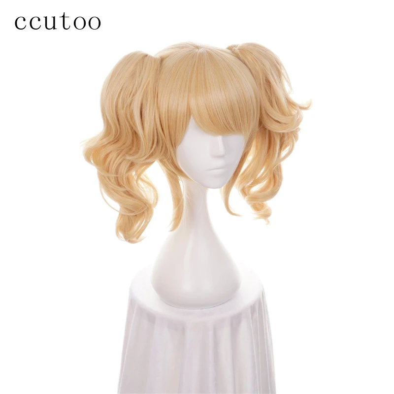 Ccutoo Golden Blond Mix Korte Krullend Synthetisch Haar Cosplay Kostuum Pruiken Met Chip Paardenstaarten Warmtebestendigheid