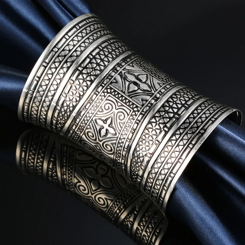 Dayoff Boho Ethnic Vintage Tibetan Gold Silver Plated Bracelet Huge Open Cuff Bangle Flower Carving  India Women Jewelry B11