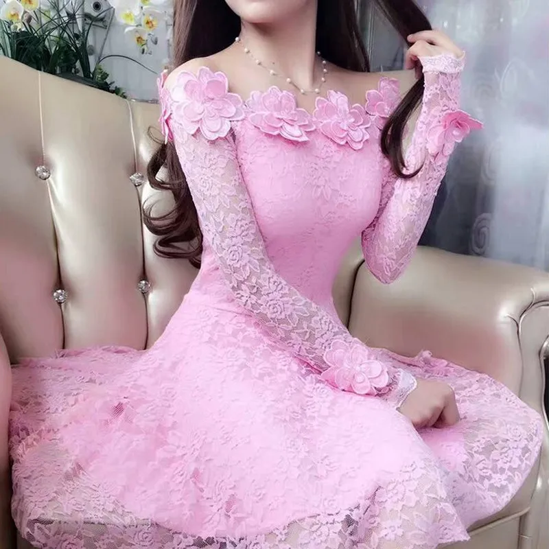 2018 Spring Summer Women Dresses Sexy Slash Neck Floral Lace Dress Female High Waist Long Sleeve A-Line Dress Party Vestidos 821