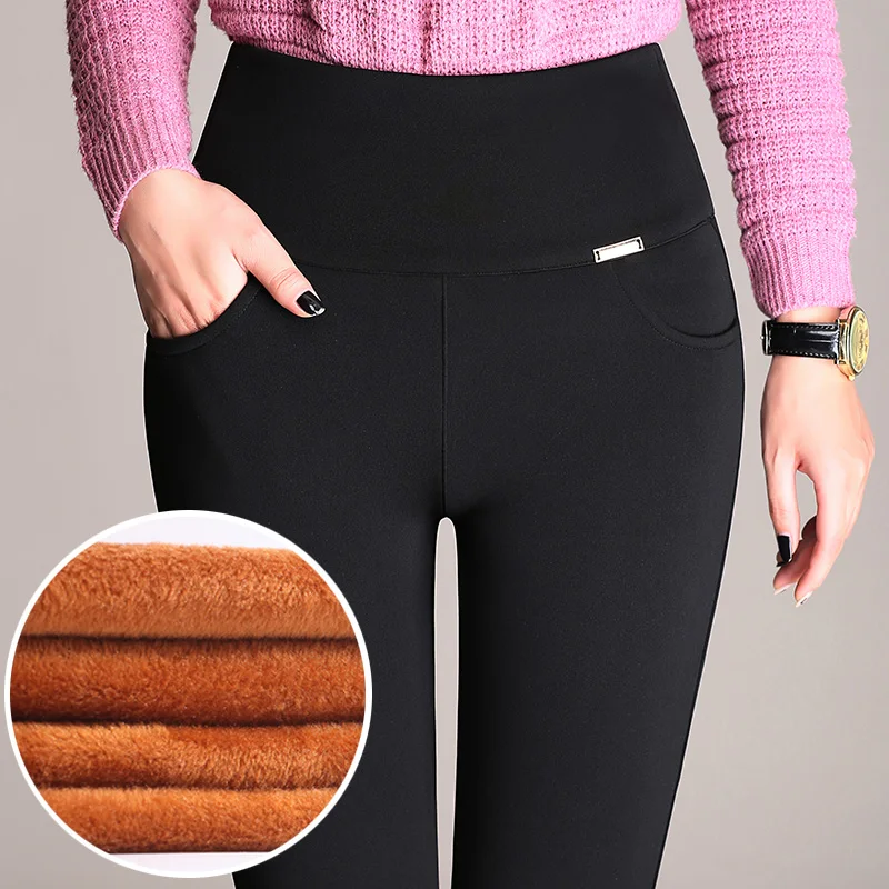 Mom Autumn Winter Thickening Werm Trousers Women Gold Fleeces Black Pencil Pants High Waist Stretch Leggings Oversized P8612