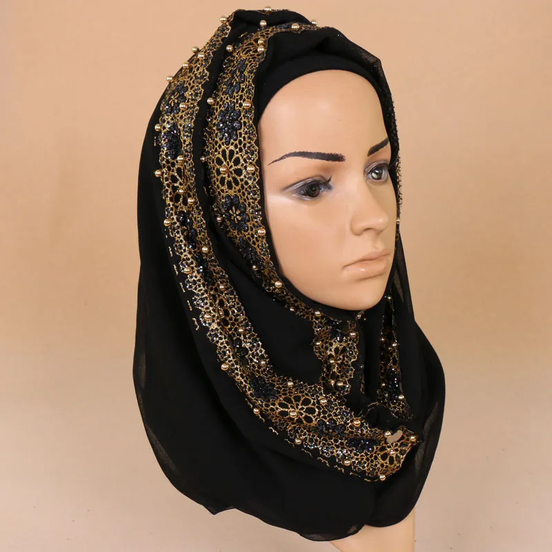 Plain Lurex Pearl Floral Bubble Chiffon Shawl Scarf Women Fashion Glitter Gold Ball Pom Pom Bufandas Mujer Headband Muslim Hijab