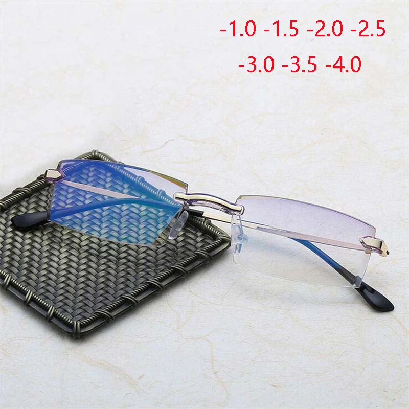 -1 -1.5 -2 -2.5 -3 -3.5 -4.0 Luxury Diamond Cutted Style Rimless Myopia Glasses Men Anti-blue Light Short-sight Eyeglasses Women