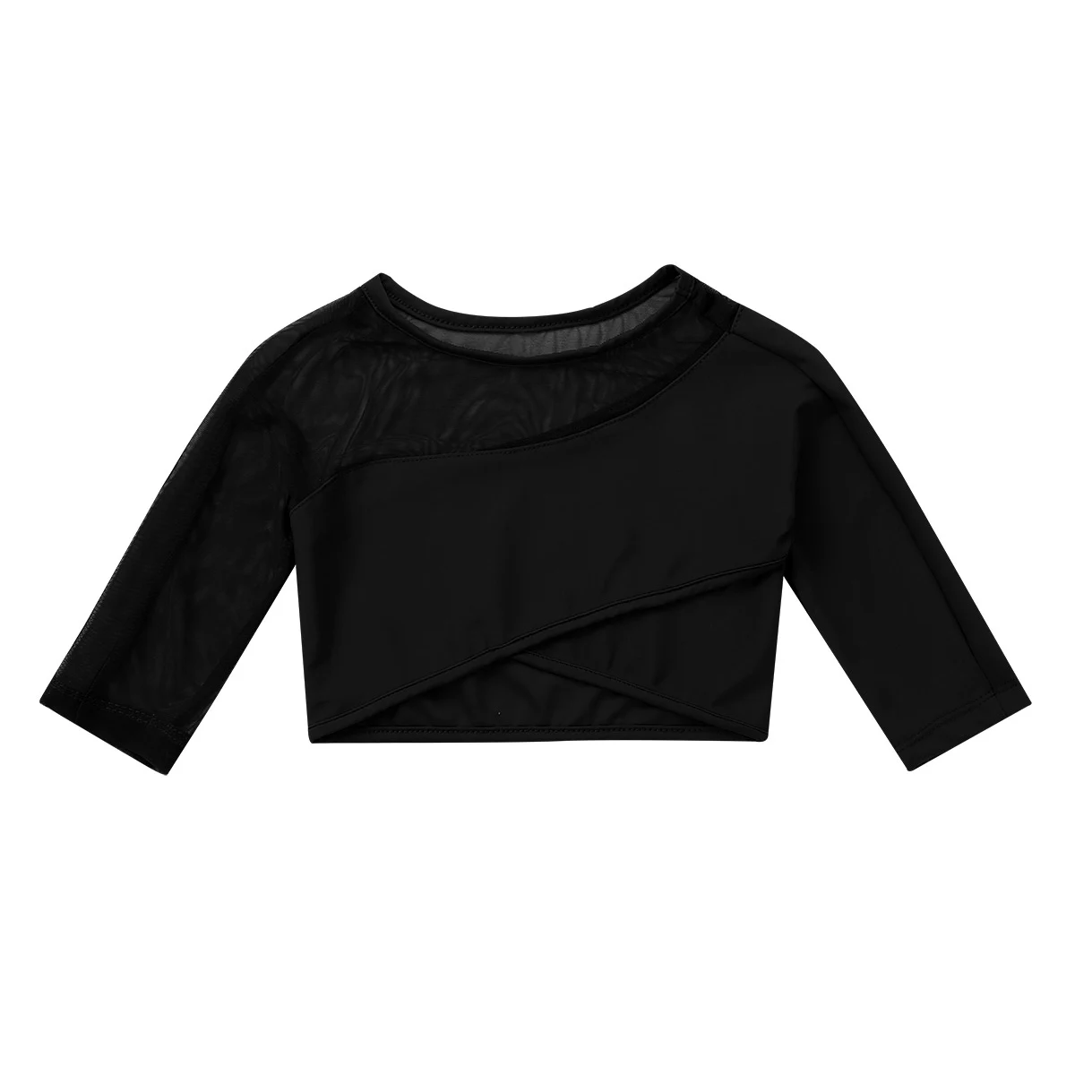 Kids Girls Children 3/4 Sleeves Asymmetrical Tops Crop Top for Ballet Dance Stage Performance Workout Gymnastics Dance Crop Top