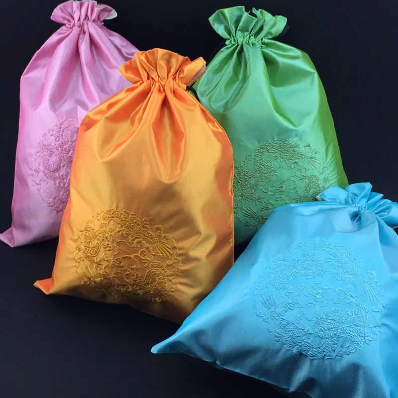 10pcs Chinese Embroidery Dragon Good Luck Bags Satin Packaging Pouches Jewelry Crafts Women Travel Bra Underwear Shoe Bag