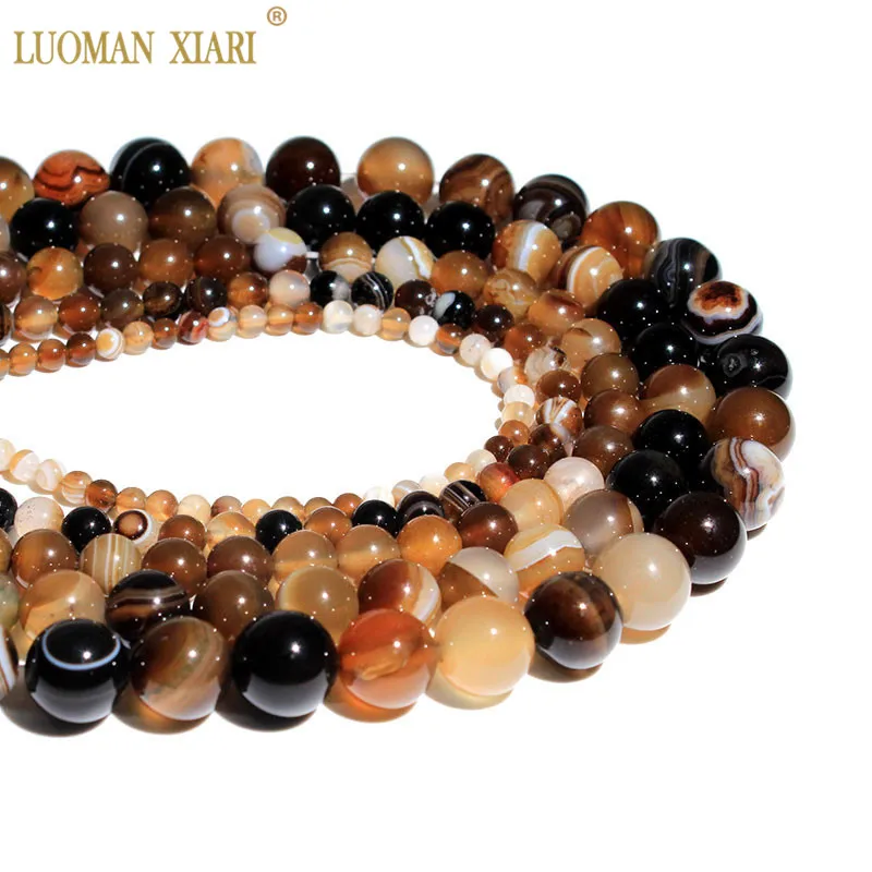 Perles d'espacement rondes en pierre naturelle pour bijoux, breloques de bricolage, bracelet et boucles d'oreilles, agate rayée café brun, vente en gros