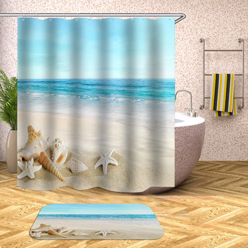 Waterproof Shower Curtain Beach Shell Sea Bath Curtains For Bathroom Bathtub Bathing Cover Extra Large Wide With 12pcs Hooks