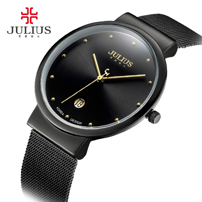 JULIUS JA-426 Men\'s Silver Gold Brown Black Mesh Stainless Steel Quartz Analog Diamante Dial Fashion Casual Waterproof Watch