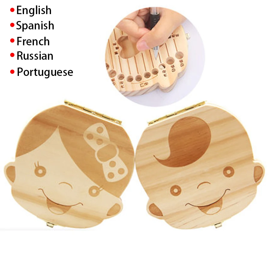 Wooden Baby Tooth Box English Spanish Russian French Portuguese Milk Teeth Storage Box Organizer Baby Souvenirs Kids Tooth Box