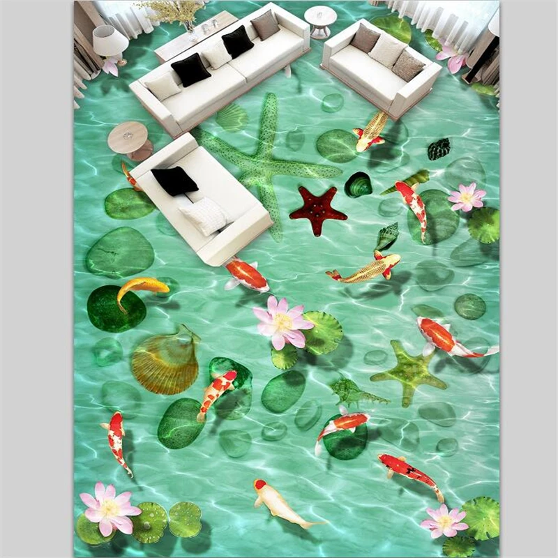 wellyu  Custom 3D floor stickers  Self-adhesive floor paste    Stone shellfish starfish carp lotus 3D floor tiles wall paper