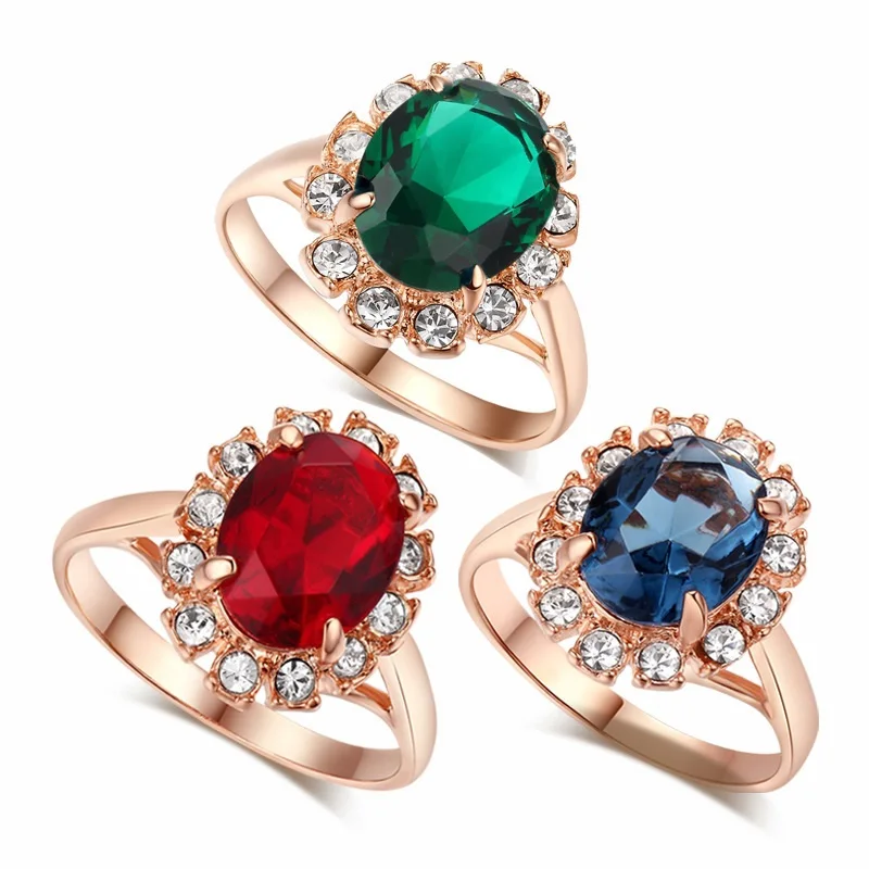 OMHXZJ Wholesale European Fashion Woman Man Party Wedding Gift Flower Red Green Blue AAA Zircon 18KT Yellow Rose Gold Ring RR493