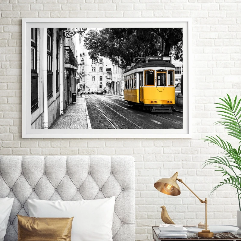 Portugal Lisbon Historic Architectural Posters and Prints Black White Wall Pictures Decor Old Street Yellow Tram Canvas Painting