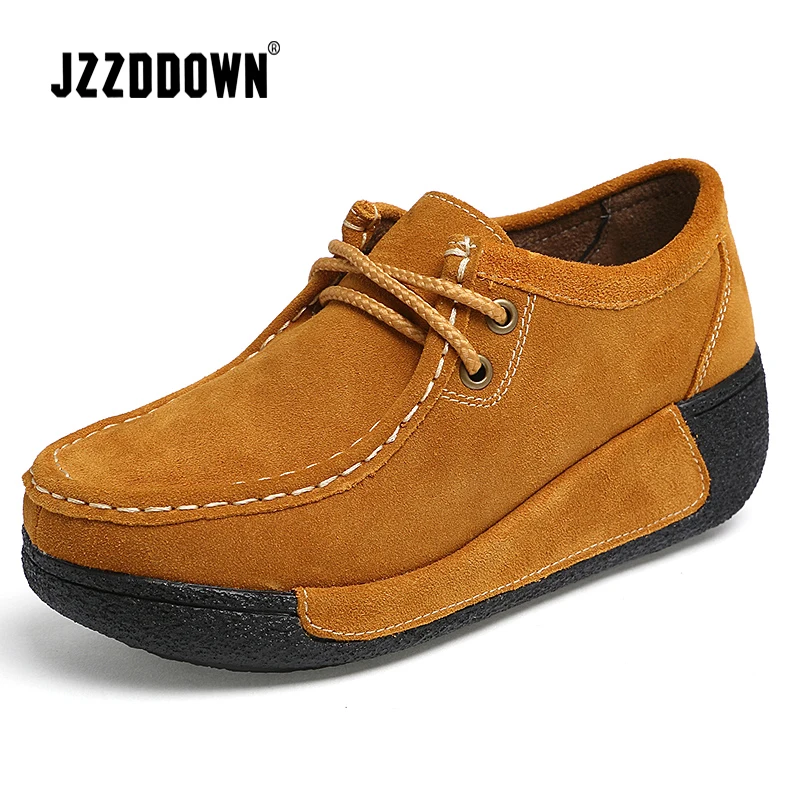 JZZDDOWN women shoes genuine Leather suede Platform winter Shoes woman Sneakers with fur Casual Loafers Wedges ladies shoes