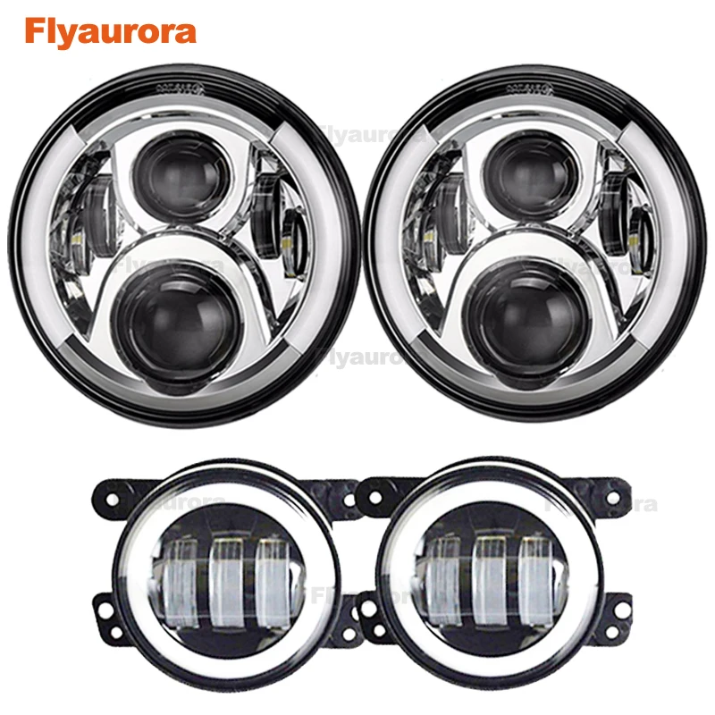 

Flyaurora forJeep Wrangler JK TJ 7Inch H4 Projector Headlamp with 4Inch Round Led Fog Lights 30W and LED Replacement Brake Light