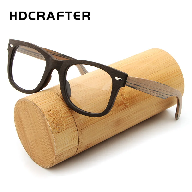 HDCRAFTER Prescription Glasses Frame Retro Wooden Plain Myopia Glasses with Clear Lens Wood Square Eyeglasses Frames Eyewear